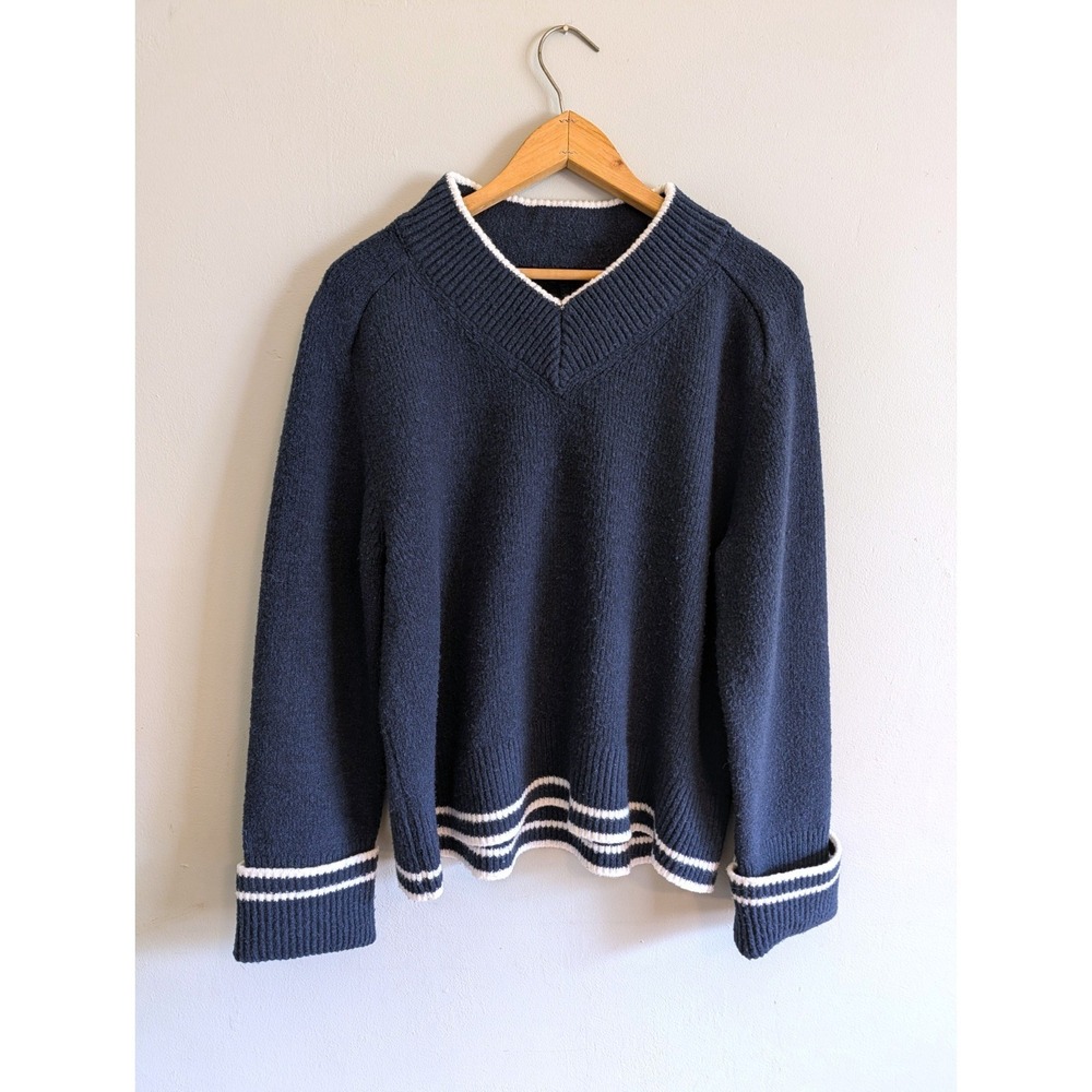 Abercrombie V-Neck Sweater Women's M Dark Blue White Trim Varsity Boxy Cuffed